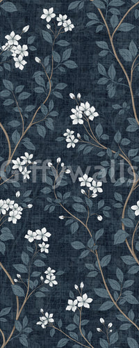 Elegant White Blooms on Indigo Linen Wallpaper⁠