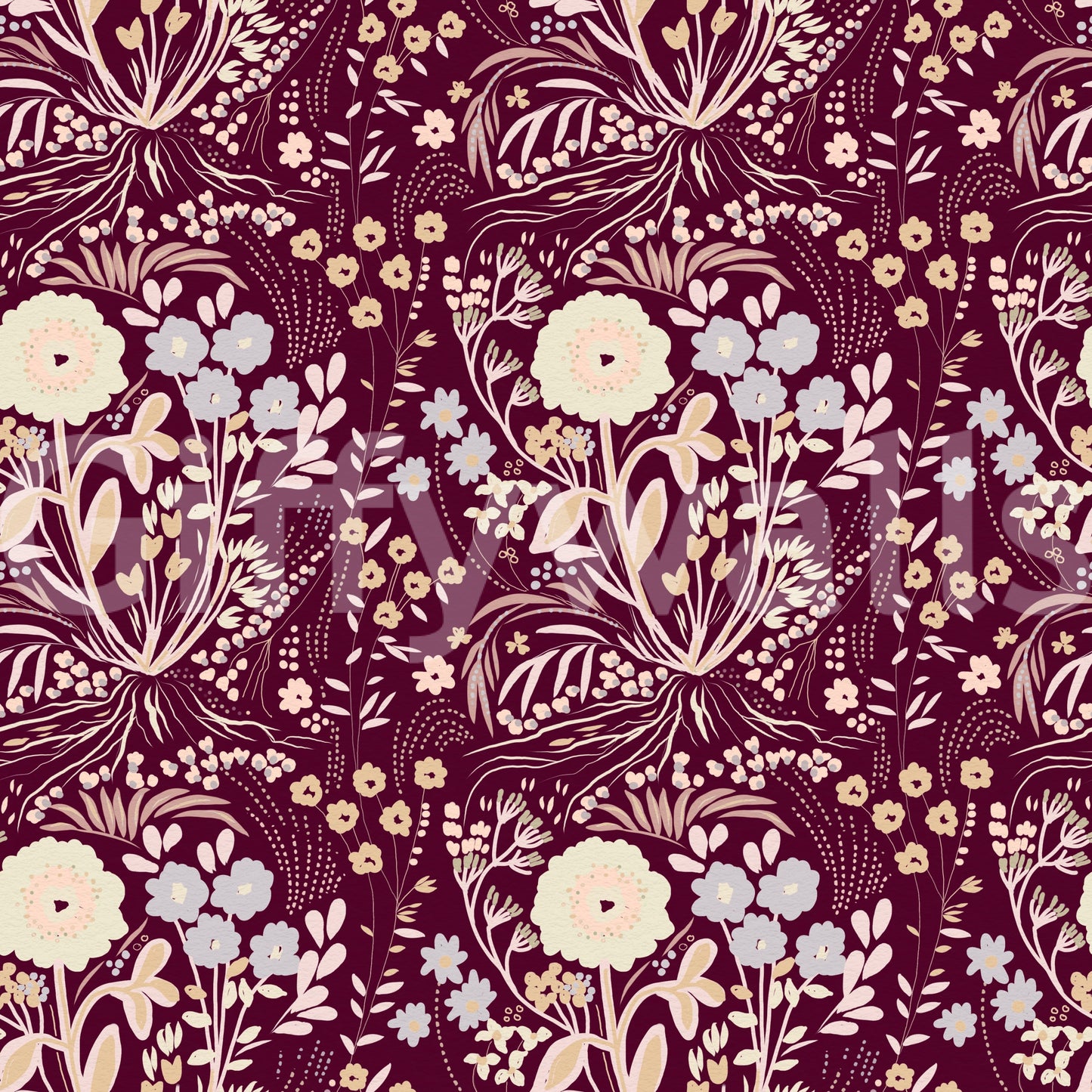 Midnight Wildflower Meadow on Red Wallpaper⁠