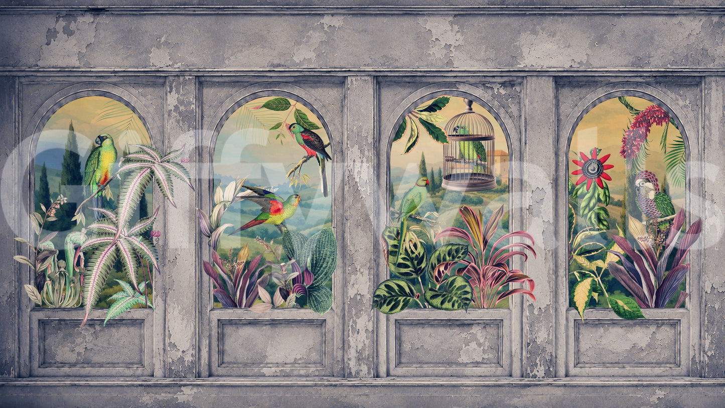 Vintage Archways and Tropical Birds Scenic Wallpaper 1 Wall Mural