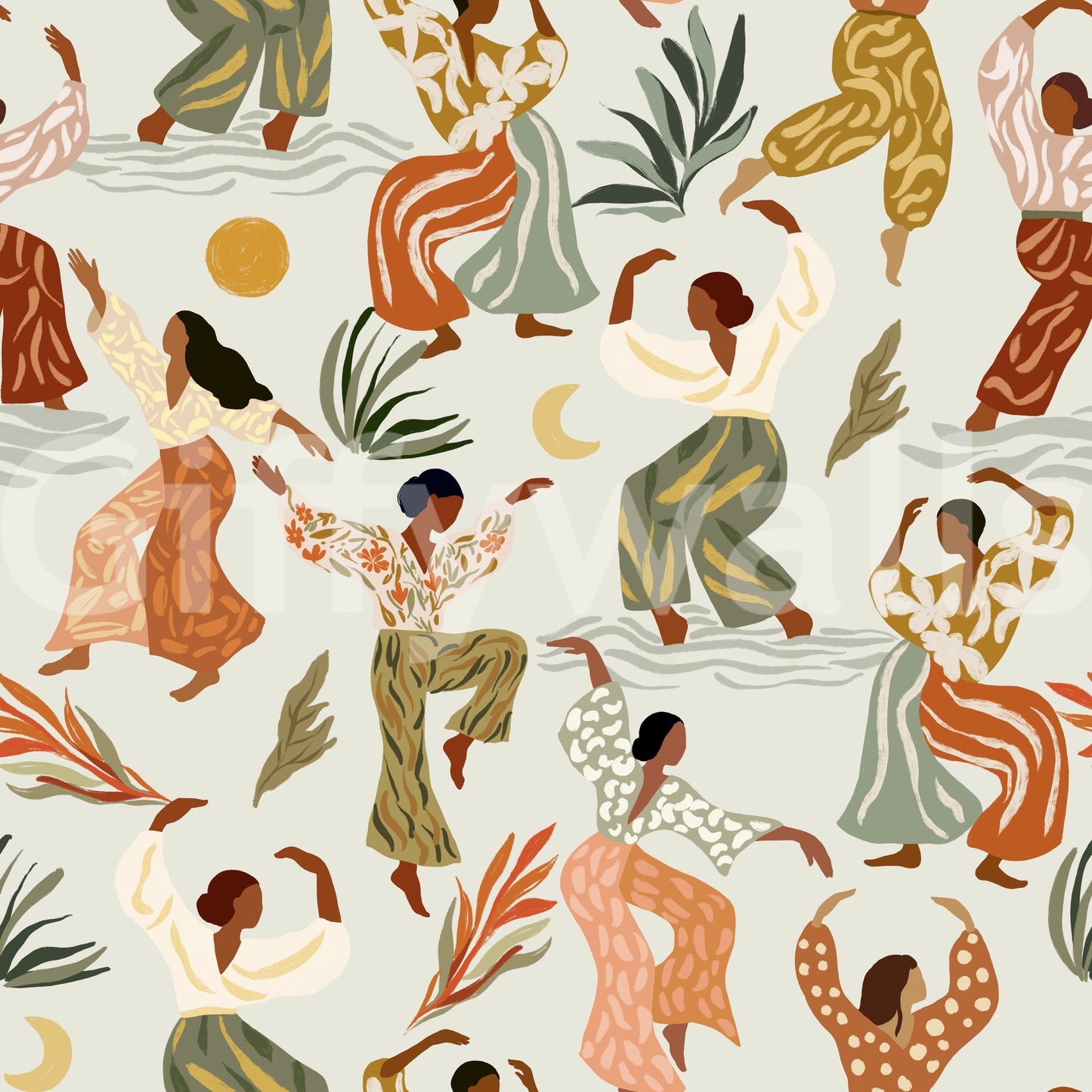 Earthy Boho Rhythms and Dancing Figures Wallpaper⁠