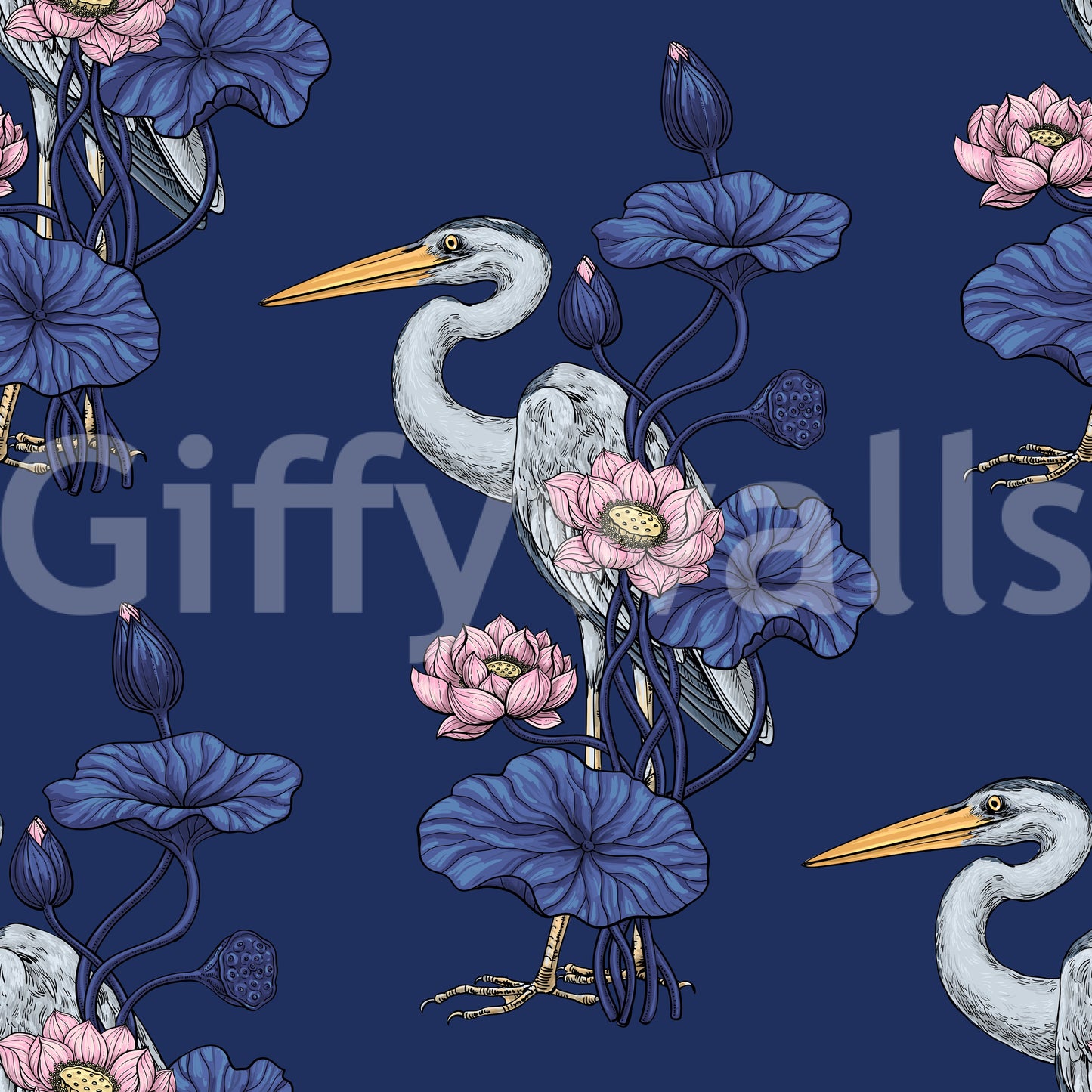 Heron in the Pink Lotus Garden on delpht blue Wallpaper⁠