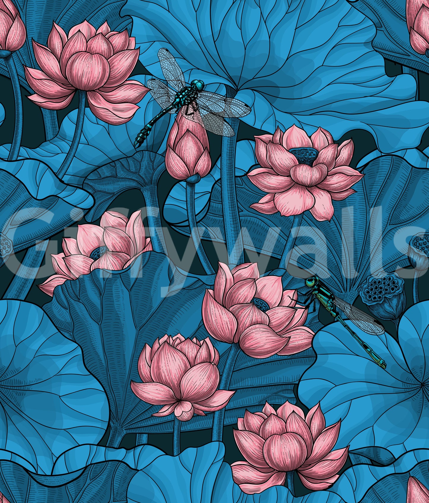 Zen Lotus Pond with Dragonflies in pink and blue Wallpaper⁠