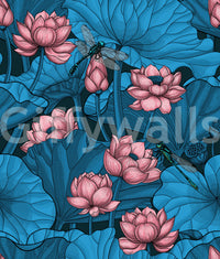 Zen Lotus Pond with Dragonflies in pink and blue Wallpaper⁠