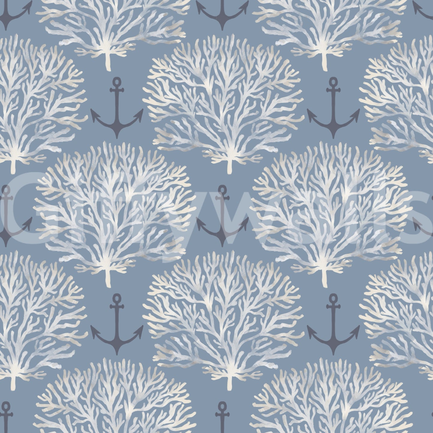 Coastal Marine Coral and Anchor Pattern Wallpaper⁠