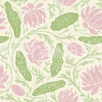 Lotus - Botanical Trailing Water Lily Floral Block Print-  Pink and Green Wallpaper⁠