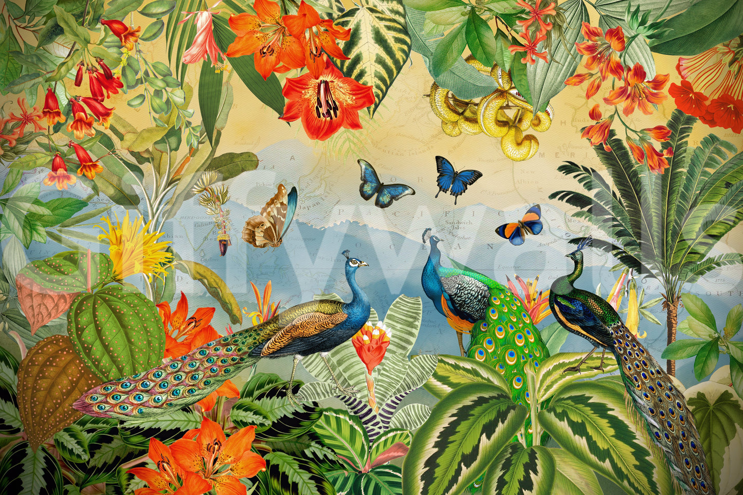 Vintage Peacock and Tropical Botanical Explorer Wall Mural