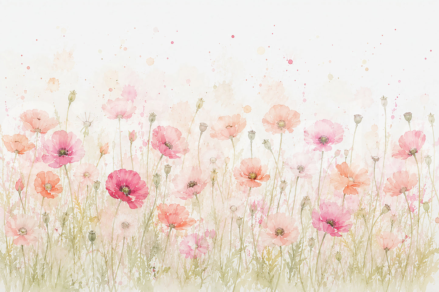 Soft Watercolor Poppy Meadow Wall Mural