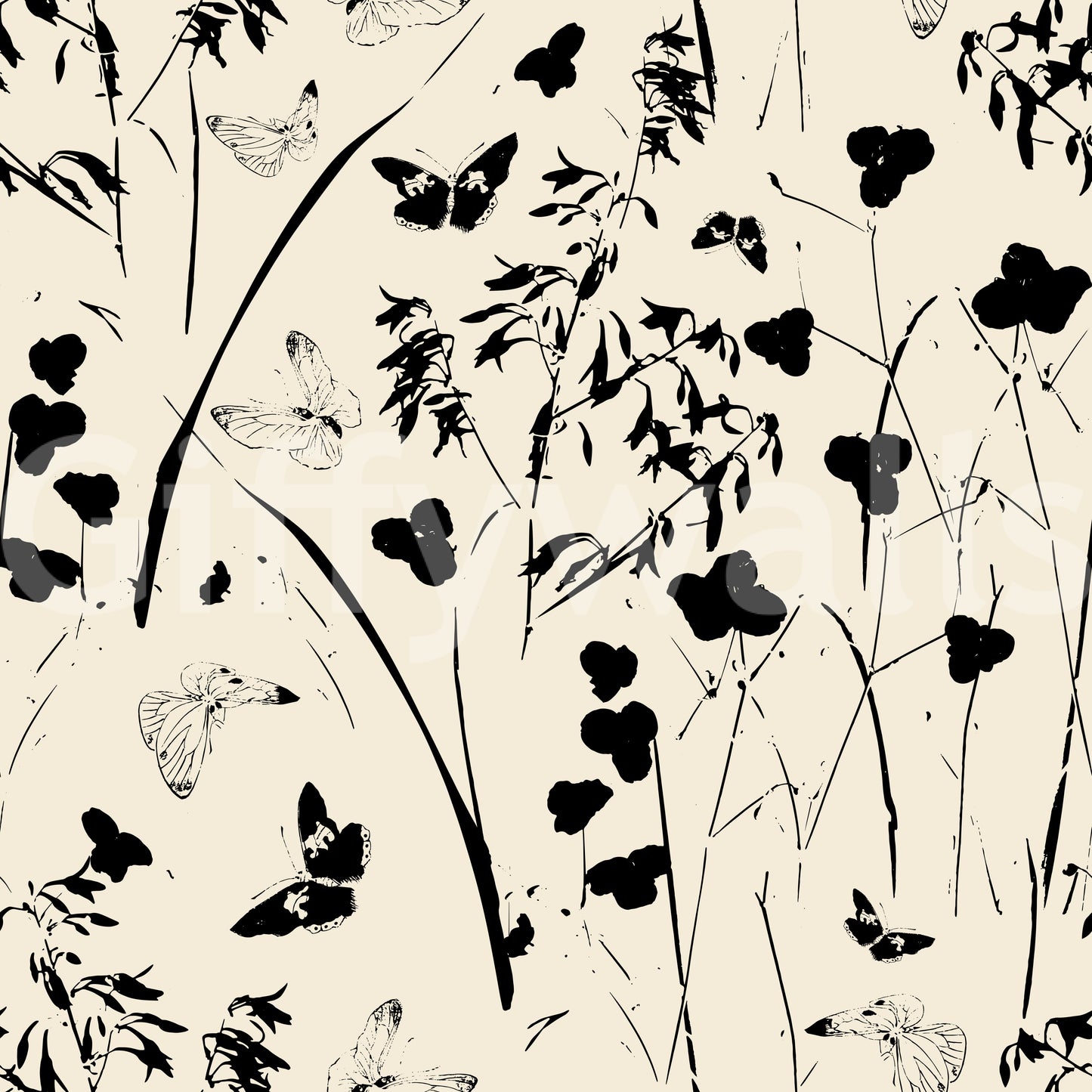 Silhouette Meadow and Butterfly Print Wallpaper⁠