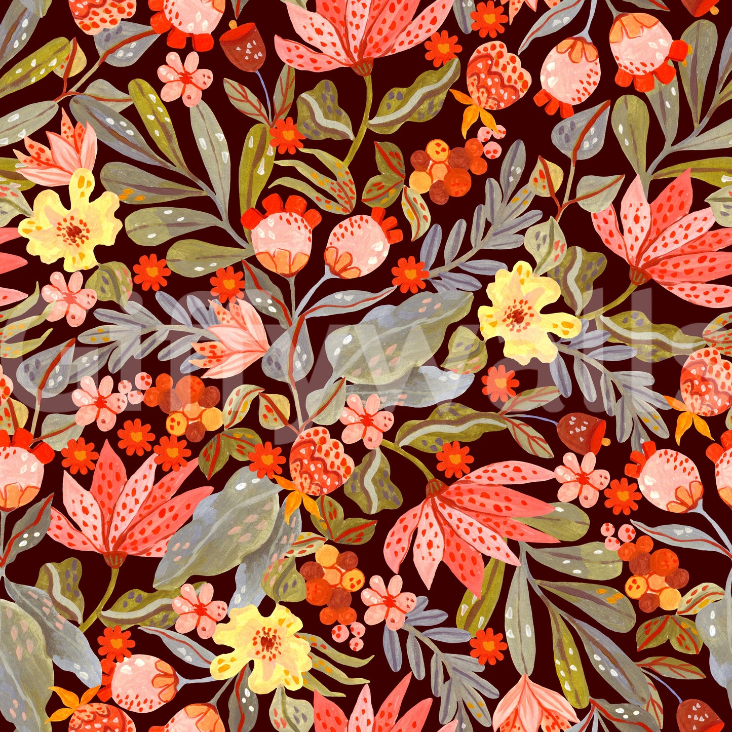 Whimsical Meadow Flora Repeat Wallpaper⁠