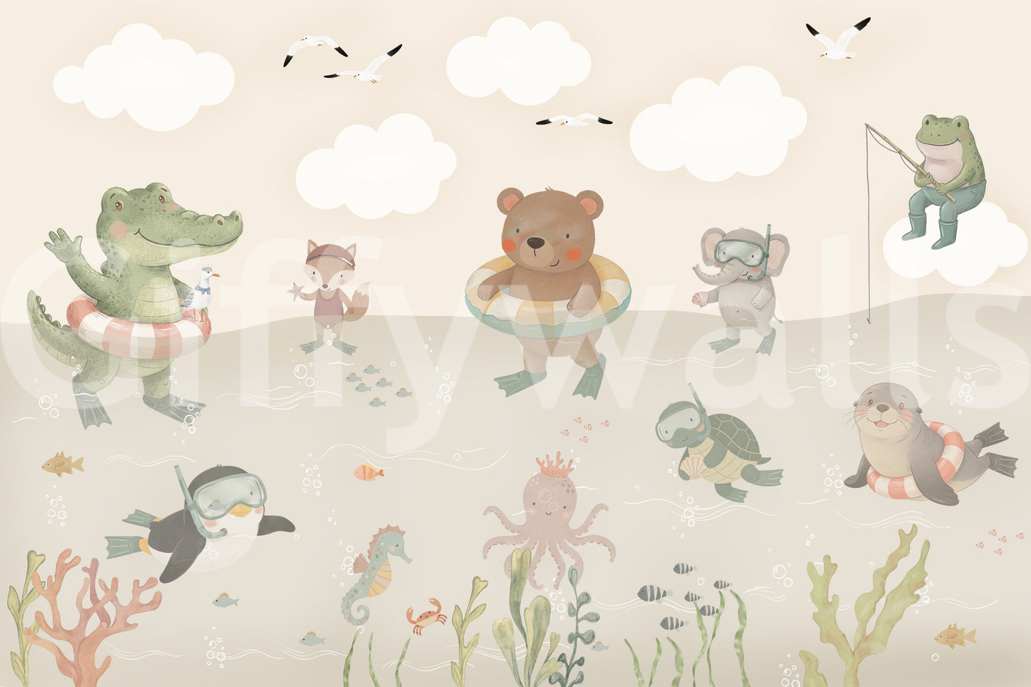 Playful Ocean Friends Illustration Wall Mural