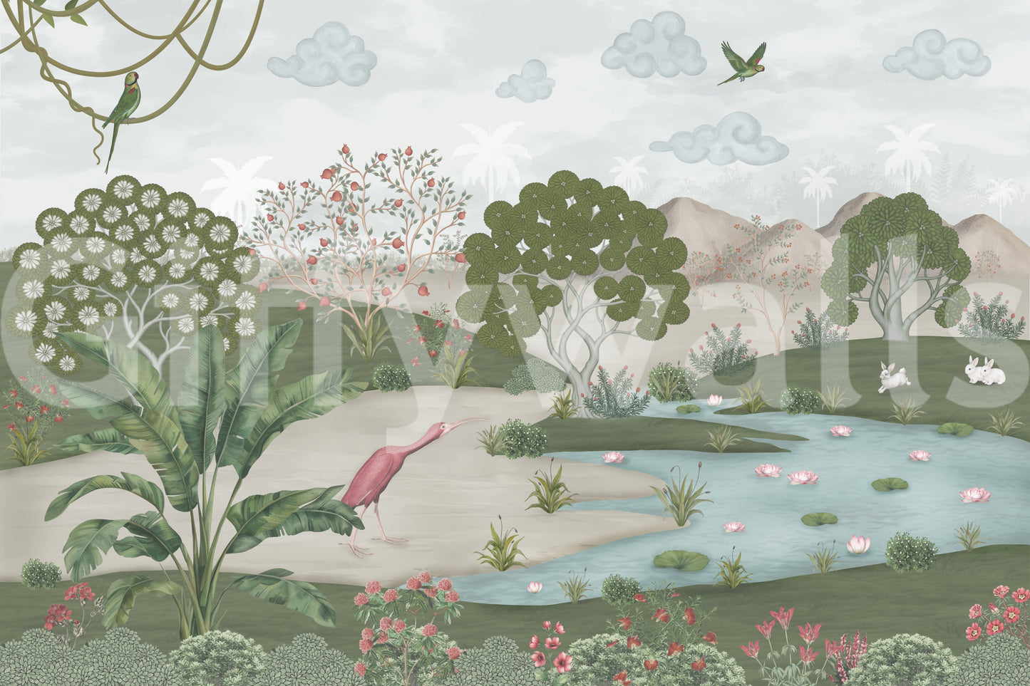 Serene Jungle Stream Illustration Wall Mural