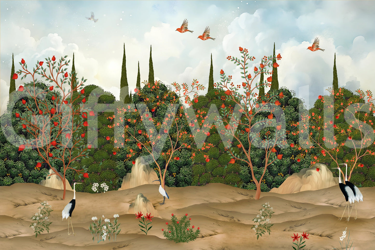 Orchard of Cranes and Pomegranates Wall Mural