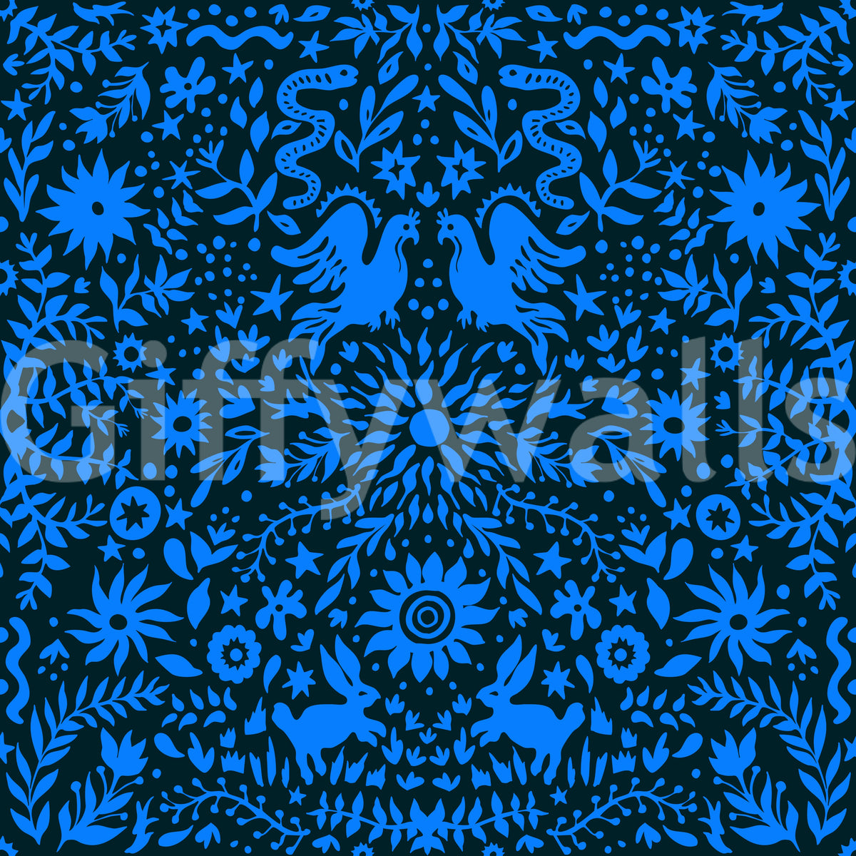 Cobalt folklore pattern of bright blue birds and flowers on a dark navy ground GD12263