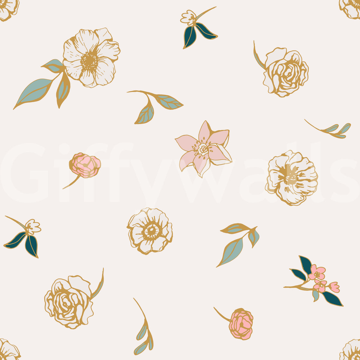 Sage and gold meadow wallpaper swatch showing scattered flowers on cream GD12281