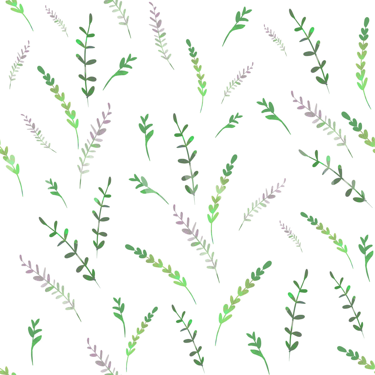 Minimalist greenery wallpaper swatch showing green and lilac leaf sprigs GD12282