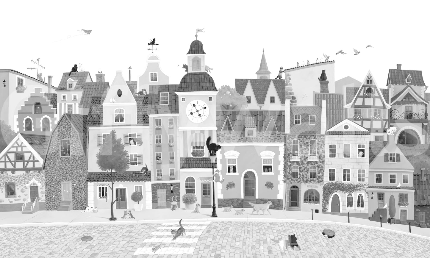 Feline Street Scene Monochrome Illustration Wall Mural