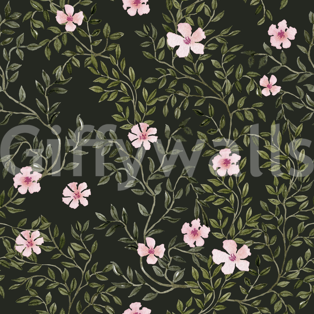 Soft pink floral vines climbing a charcoal ground, close-up watercolour wallpaper swatch GD12467