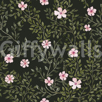 Soft pink floral vines climbing a charcoal ground, close-up watercolour wallpaper swatch GD12467