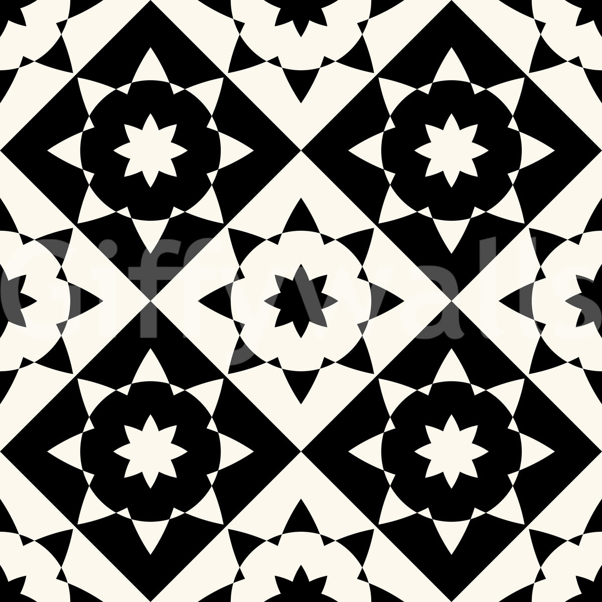 Black and cream graphic starburst geometric tile pattern shown flat GD12503