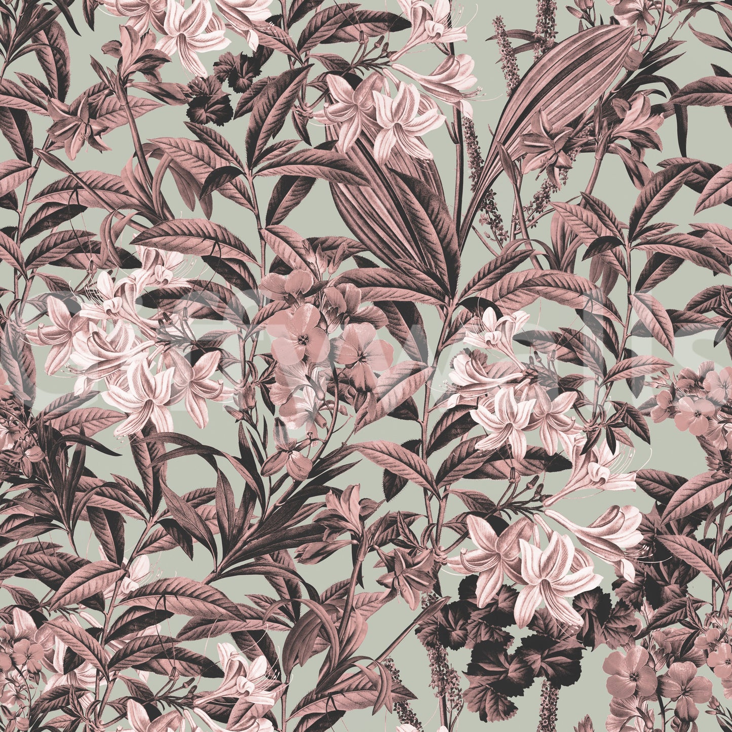 Muted Sage and Rose Garden Motif Wallpaper⁠
