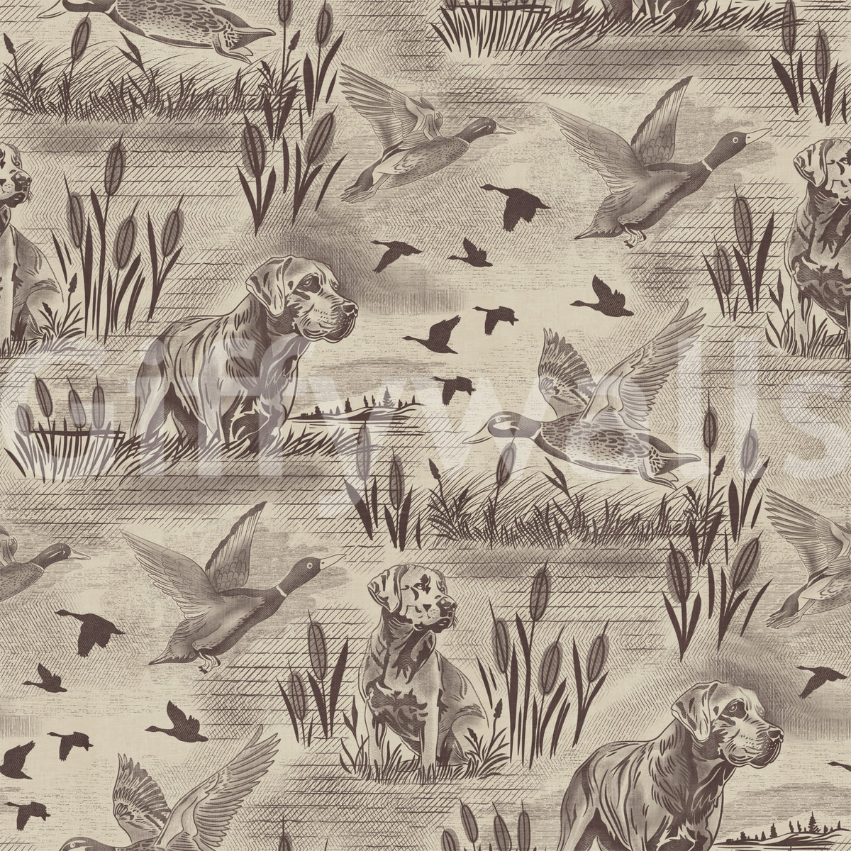 Etched toile design of retrievers ducks and meadow reeds in soft brown tones GD12742