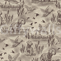 Etched toile design of retrievers ducks and meadow reeds in soft brown tones GD12742