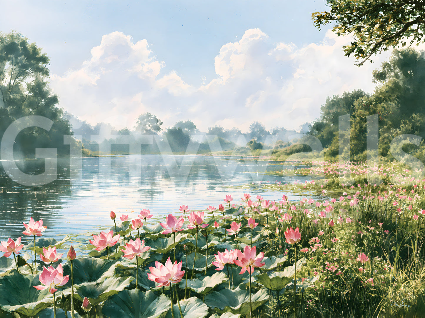 Pink Lotus Pond Landscape Wall Mural