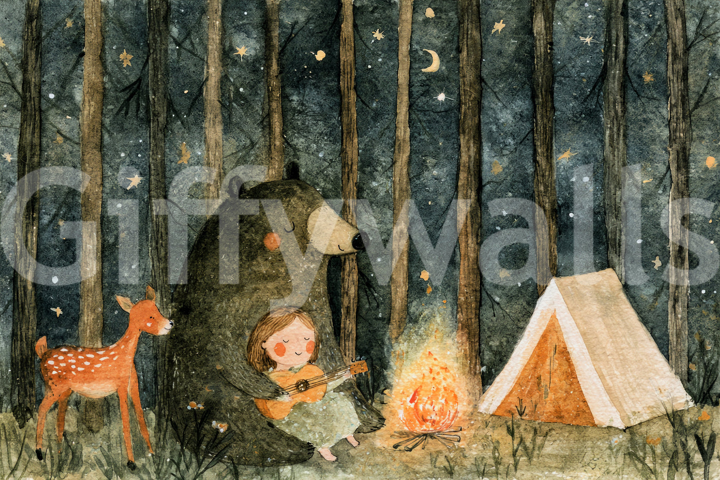 Midnight Forest Campfire Friends Wall Mural