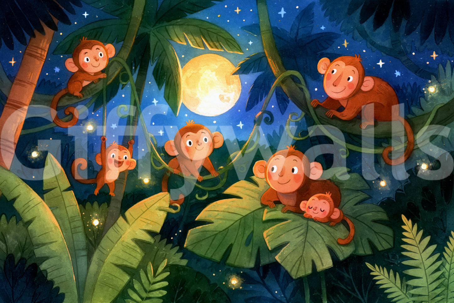 Starlit Jungle Monkey Paradise Wall Mural
