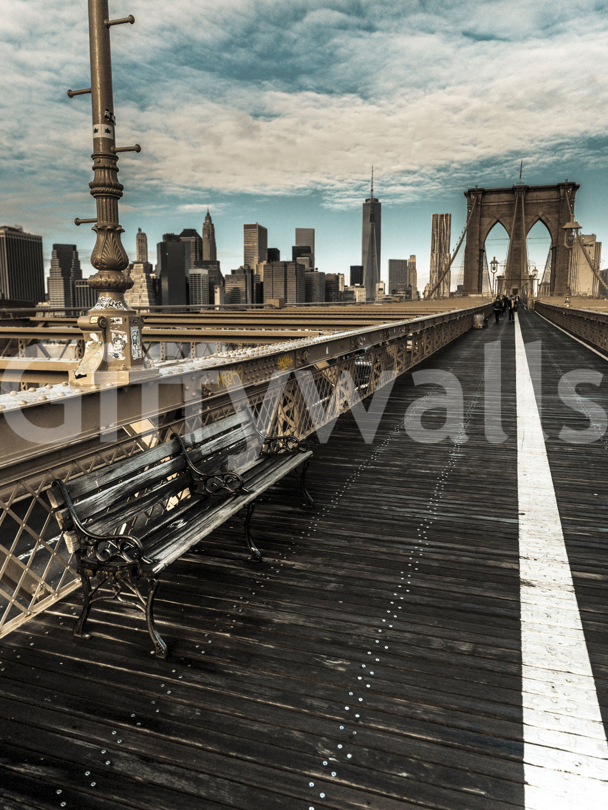 Close-up of the Brooklyn Bridge walkway mural with a cast-iron bench GD13034