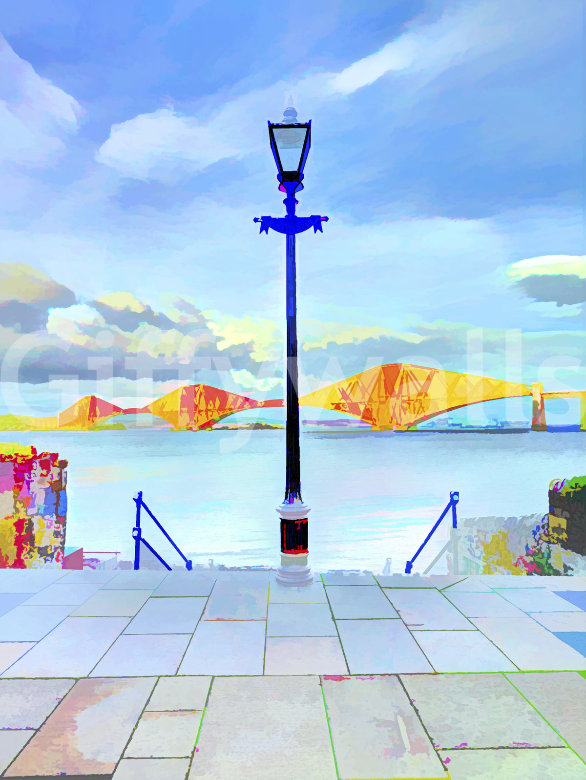 Painterly Forth bridge mural with an iron lamp post over blue water GD13044