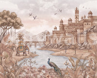 Full sepia palace mural with fort, river bridge, elephant and a perched peacock GD13107