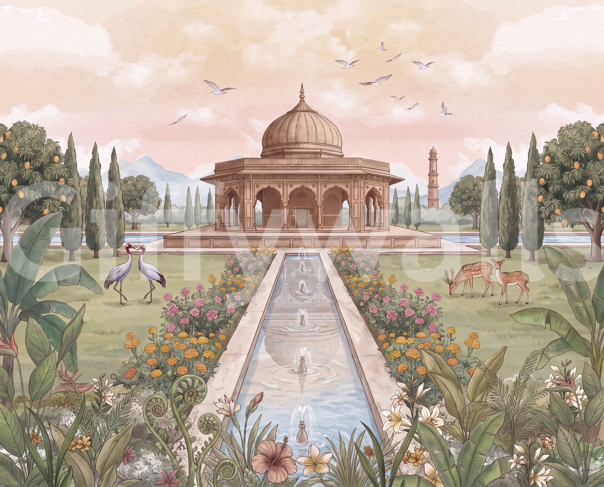 Full Mughal garden mural with pavilion, fountains, cranes, deer and flowers GD13108