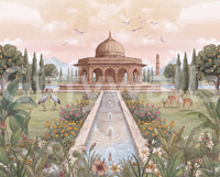 Full Mughal garden mural with pavilion, fountains, cranes, deer and flowers GD13108