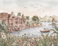 Full riverside haveli mural with palace walls, river, boat and grazing deer GD13109