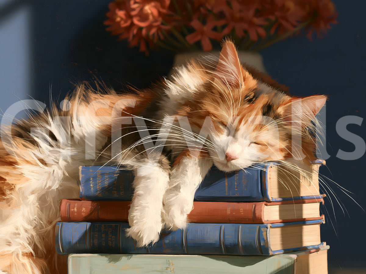 Calico Cat Sleeping on Stack of Old Books Wall Mural