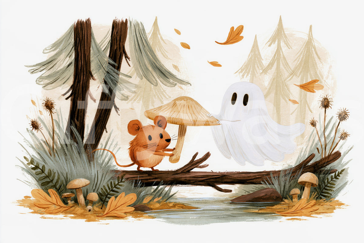 Little Ghost and Mouse in Scandinavian Forest Wall Mural