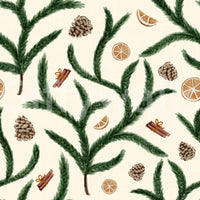 Watercolor Pine Branches with Oranges Cinnamon and Pine Cones Wallpaper⁠