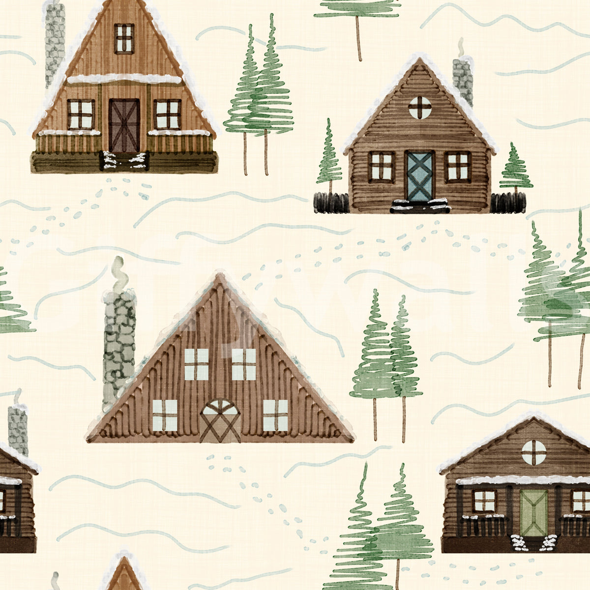 Small Snowy Mountain Huts Village Cabincore Winter Pattern Wallpaper⁠