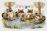 Woodland Friends Raccoons Streamside Wash Day Wall Mural