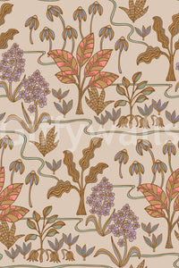 Tropical Garden Toile Charming Floral Botanical Warm Pastels Wallpaper⁠