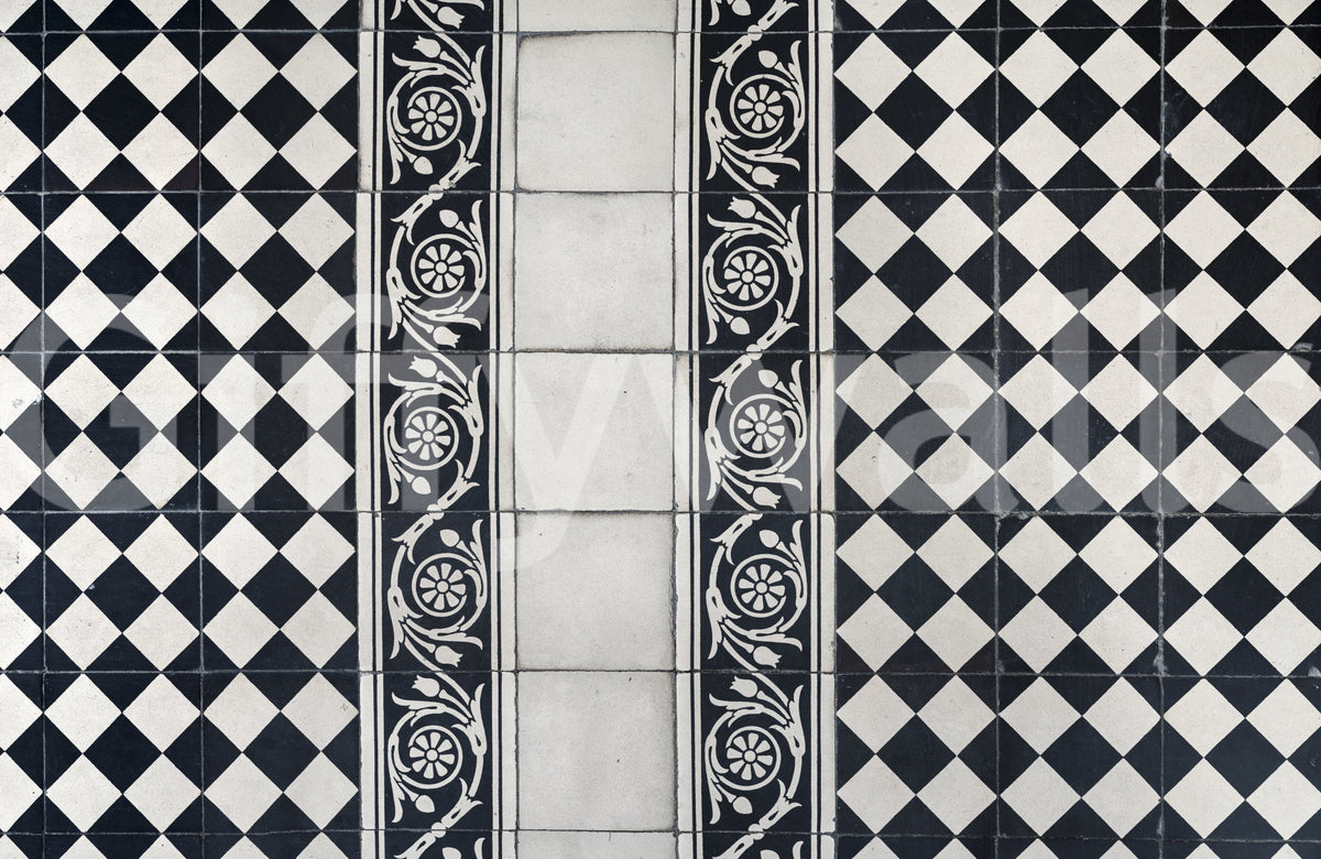 Vintage Black and White Floral Checkerboard Wall Mural