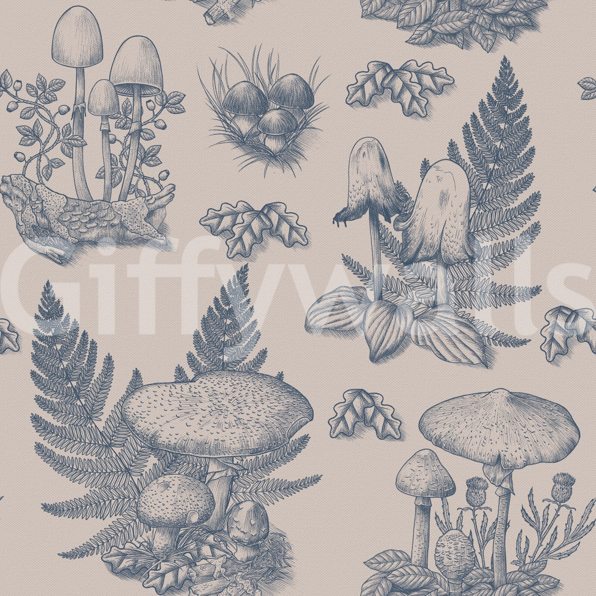 Mushroom - Autumnal Toile de jouy - Blue  Wallpaper⁠