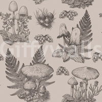 Mushroom - Autumnal Toile de jouy - Sepia Wallpaper⁠
