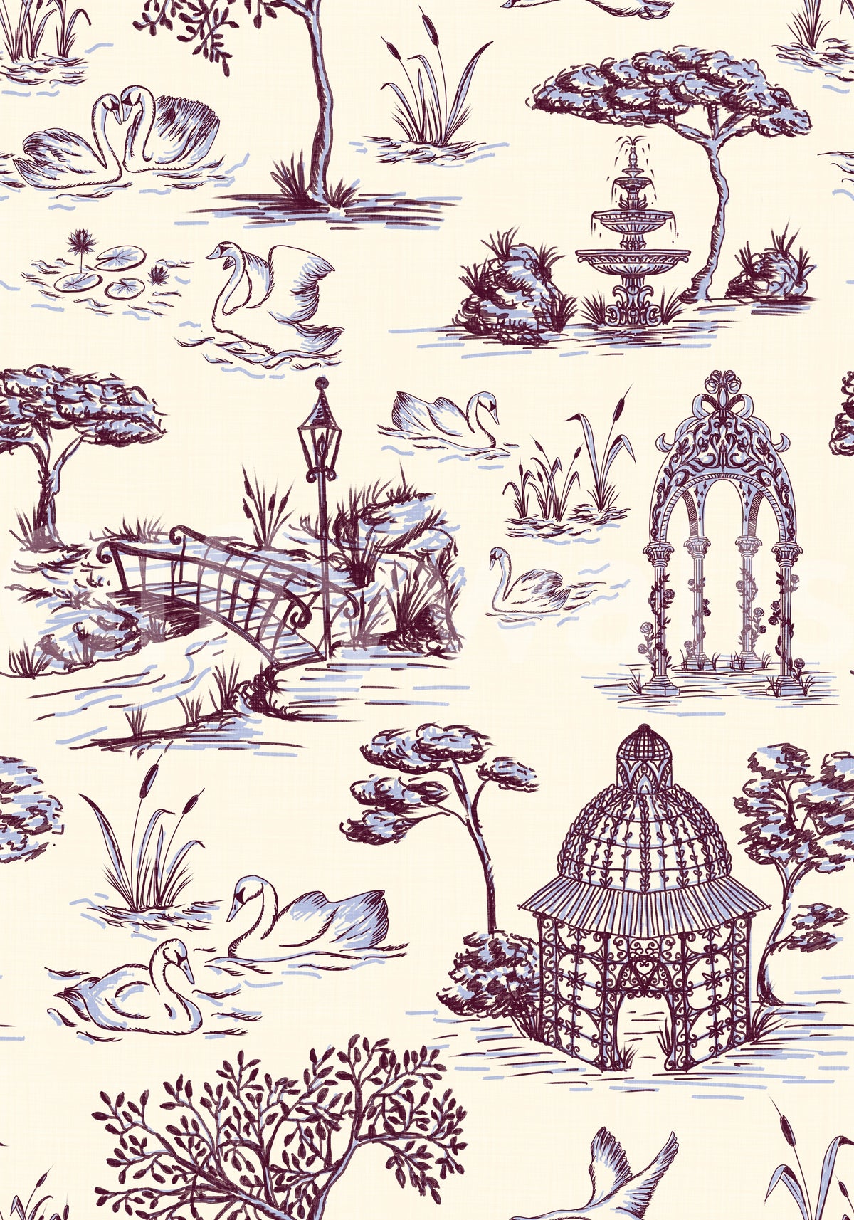 Modern Toile de Jouy Swan Victorian Garden Scenery - Unexpected Contrast Wallpaper⁠