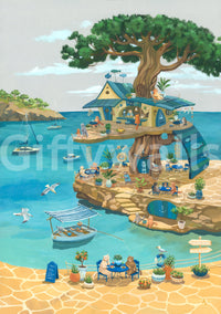 Coastal Cat Cafe Treehouse Scene Wall Mural