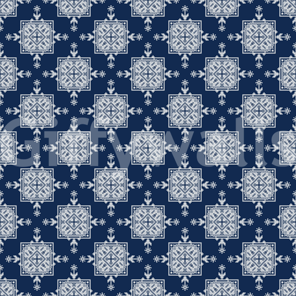 Indigo Cross-Stitch Tile Motif Wallpaper⁠