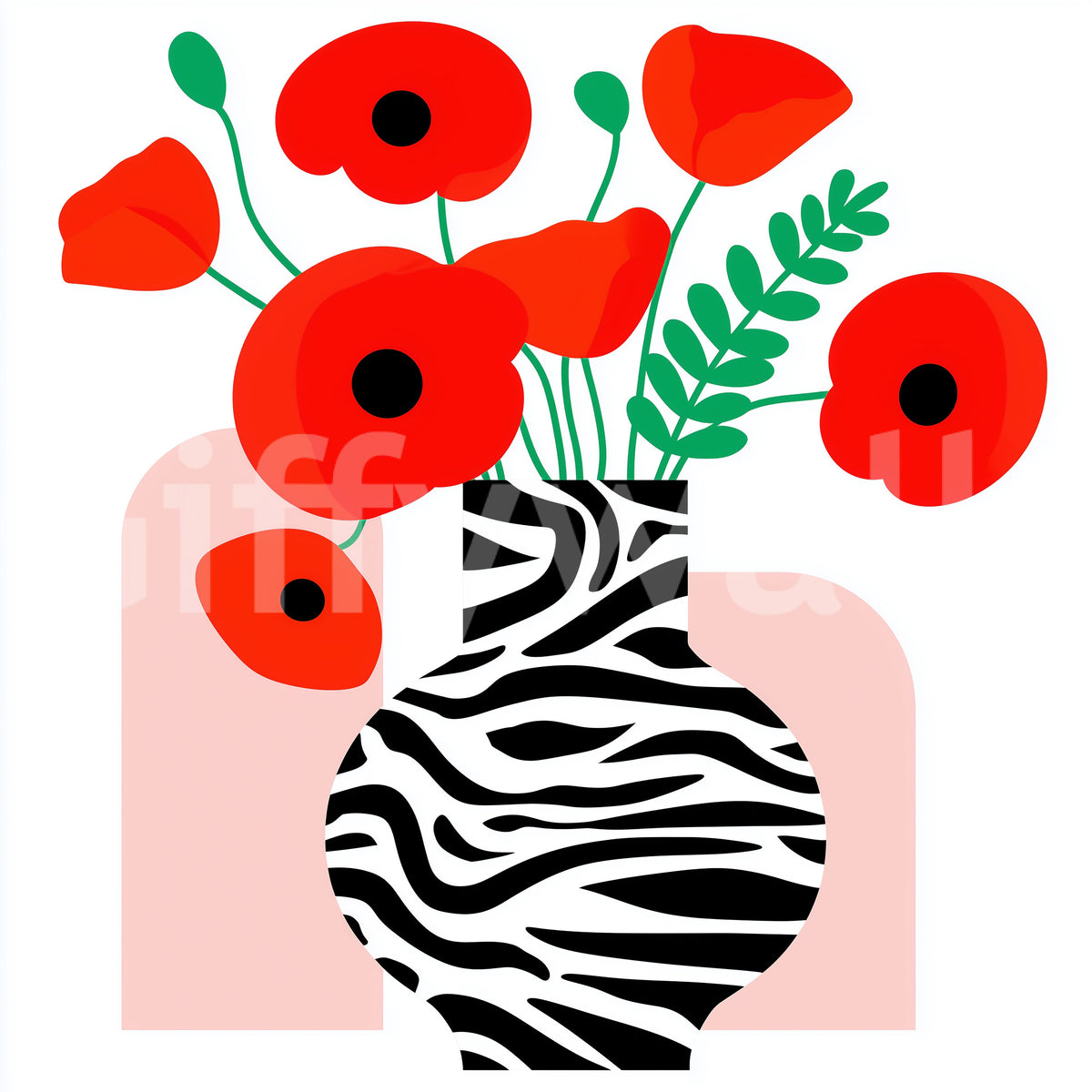 Abstract Poppies in Zebra Print Vase Wall Mural