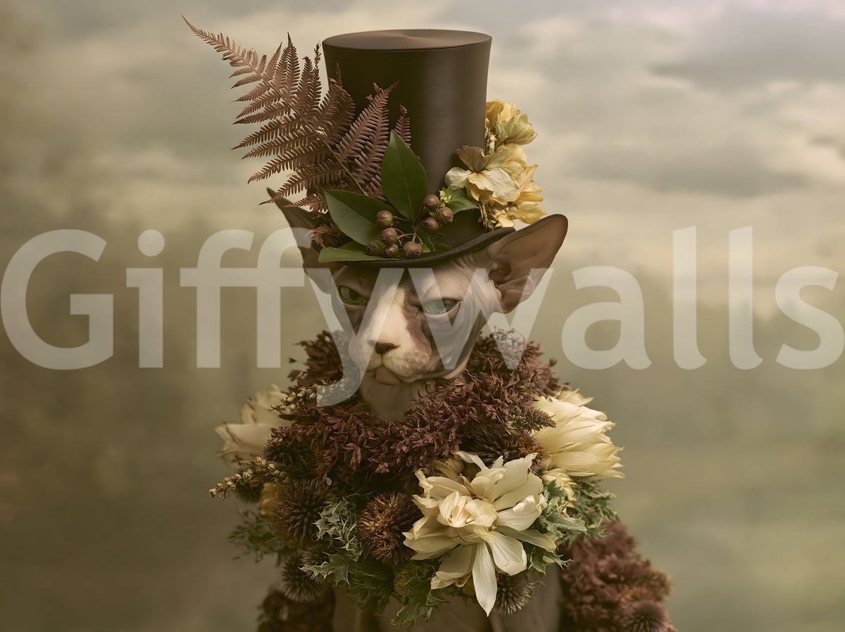 Dapper Sphynx in Top Hat and Florals Wall Mural