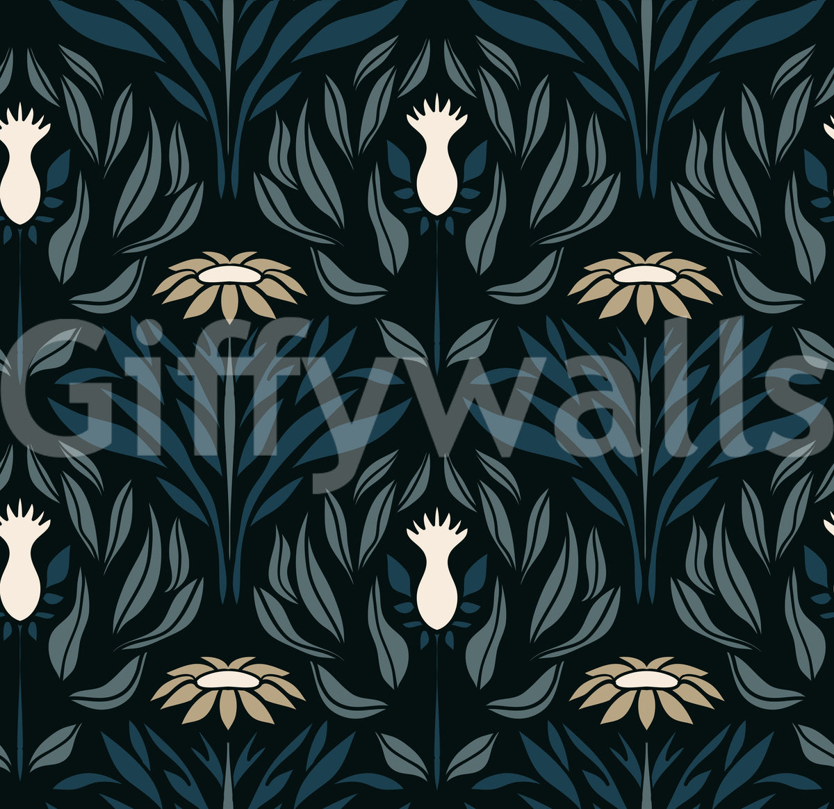 Teal and Cream Floral Symmetry Wallpaper⁠
